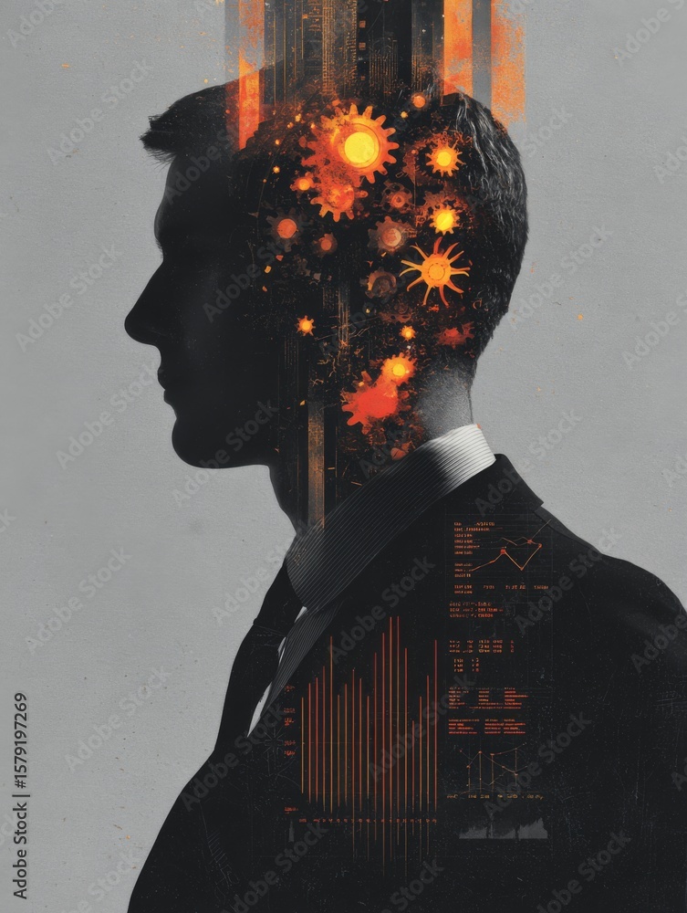 Poster glowing silhouette of manager with gears and charts representing innovation and data analysis