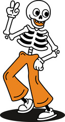 Skeleton Dancing with Peace Sign. Groovy retro hallowen character. Vector illustration.