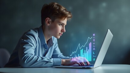 Young Person Analyzing Data on Laptop with Graphs and Charts Display