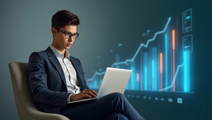 Professional Young Man Analyzing Data on Laptop in Modern Office