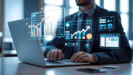 Professional man working on laptop with digital marketing analytics