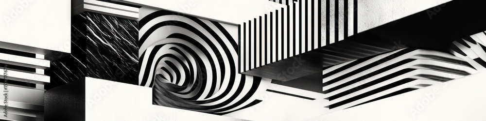 Poster abstract monochrome geometric composition with swirling and striped patterns