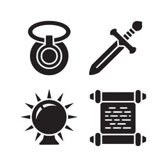 Collection of black silhouette icons depicting a necklace sword crystal ball and scroll on white