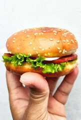 Hand Holding a Burger with Lettuce and Tomato