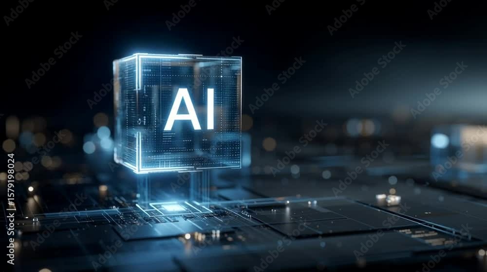Poster floating cube of artificial intelligence with glowing patterns and intricate technology effects in b