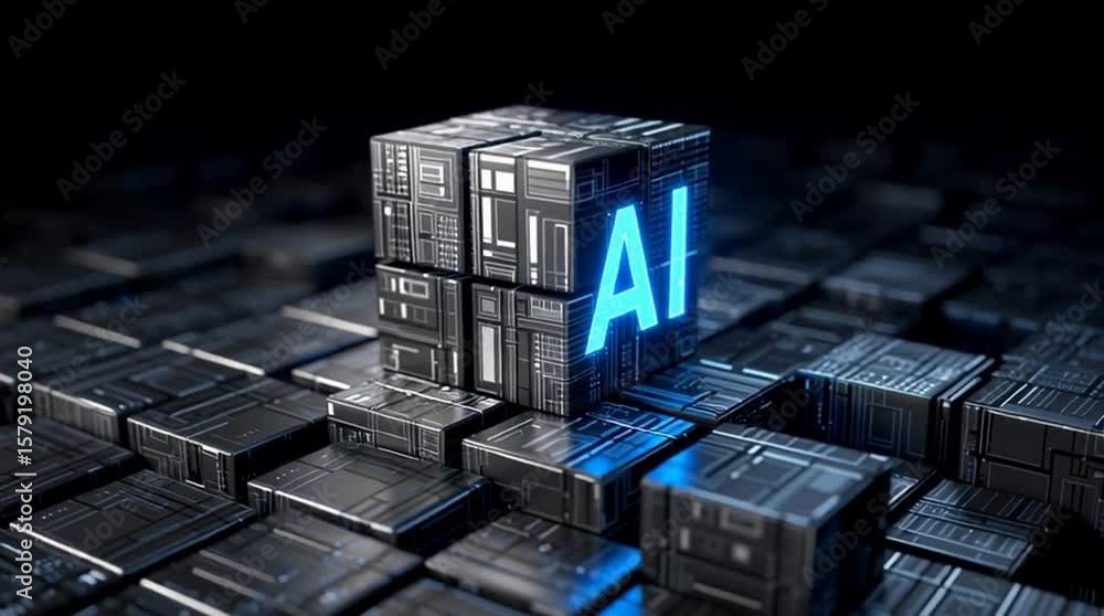 Poster intricate glowing cube patterns highlighting artificial intelligence technology in blue black and gr