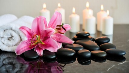 A Serene Spa Setting Featuring Pink Lilies, Smooth Black Stones, and Soft Candles for Ultimate Relaxation and Tranquility in a Wellness Retreat