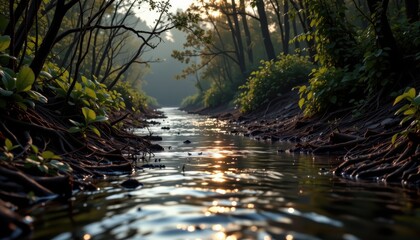 Serene Waterway Surrounded by Lush Greenery in Mystical Morning Light