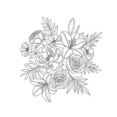 Elegant floral arrangement featuring roses lilies and peonies in a line art style design isolated