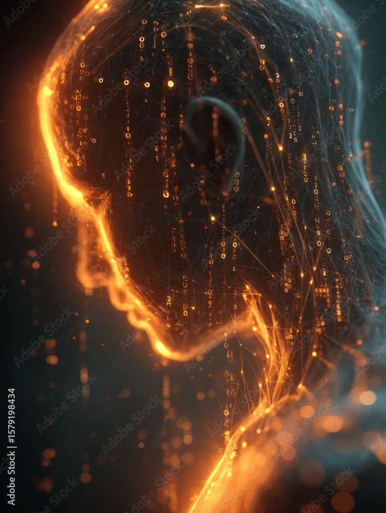 Aufkleber Futuristic Glowing Human Head with Binary Code and Tech Network Elements in a Dark Background