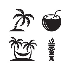 Black silhouette of tropical elements including palm trees coconut drink and tiki torch design set