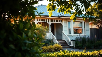 A charming suburban home bathed in afternoon sunlight with a lush garden.