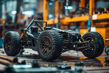 Fototapeta premium High performance rc buggy resting on workbench, showcasing intricate details and robust construction amidst a workshop environment