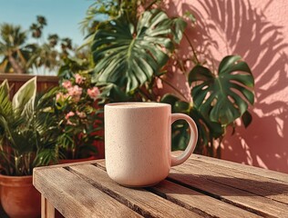Close-up white mug on pink-bg wooden table with palm for cafe mockup.