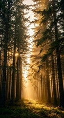 Naklejka premium Sunlight filtering through dense pine forest, misty atmosphere, vertical orientation