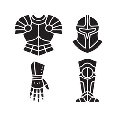 A set of four black silhouette illustrations of medieval armor pieces on a white background layout