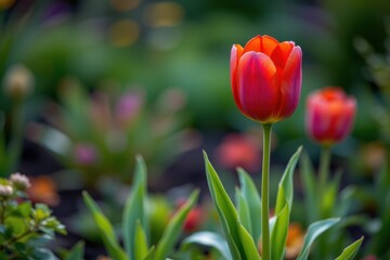Vibrant Red and Orange Tulip Blooming in Garden with Soft Focus Background