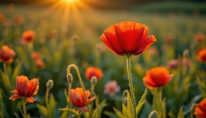 Bright Red Poppy Flowers in Bloom Under a Warm Sunrise Over Green Fields