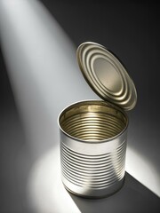 Open empty silver can with ridged body and lifted lid illuminated by angled light on cracked gray concrete, evoking stark utilitarian texture