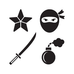 A graphic representation of ninja elements including a star a mask a sword and a bomb in black