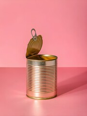 Opened empty silver tin can with partially attached pull-tab lid placed on vibrant pink background, evoking playful contrast and minimalism