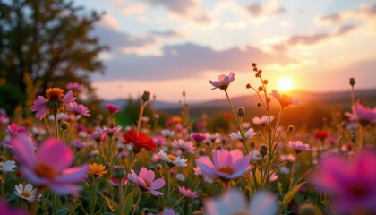Obraz premium Vibrant Wildflower Field at Sunset with Colorful Blossoms and Golden Light