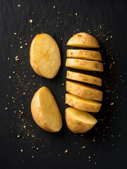 Halved and diced potato pieces arranged neatly on dark surface with scattered crumbs, evoking raw kitchen prep and textured simplicity
