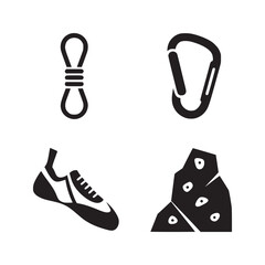 A collection of climbing equipment including a rope carabiner shoe and climbing wall in black and white