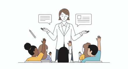 Illustration of a teacher with arms outstretched, surrounded by students with raised hands in a classroom setting.