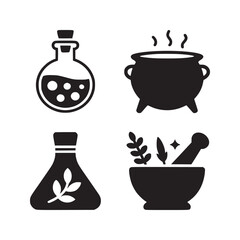 A collection of four black and white icons depicting potion bottles cauldron and mortar with pestle