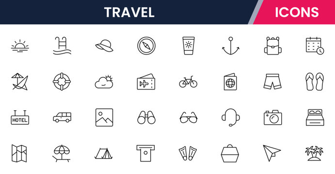 Vector illustration web line icon collection for travel airplanes, suitcases, maps, and adventure symbols in a vibrant, modern, and exploratory design style.
