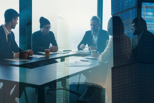 Modern Business Meeting with Cityscape Overlay Featuring Diverse Professionals Engaged in Collaborative Discussion Around a Conference Table in Bright Daylight