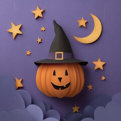 Festive halloween pumpkin wearing a witch's hat amidst golden stars and crescent moon decorations