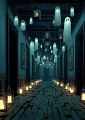Ethereal hallway scene with ghostly apparitions and lantern lights creating a spooky atmosphere