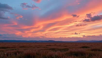 Obraz premium Vibrant Sunset Over Open Grassland with Colorful Clouds and Scenic Horizon