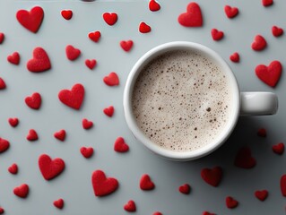 Coffee mug with red hearts on white canvas, flat lay top view, text space, minimalist no-shadow design.
