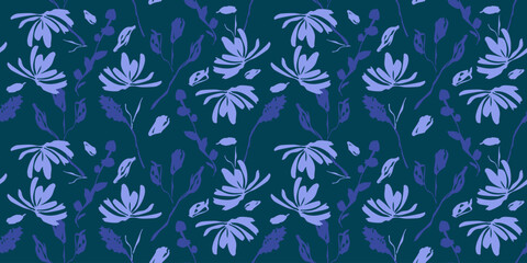Hand drawn flowers on blue backgrounds, seamless patterns with floral for fabric, textiles, clothing, wrapping paper, cover, banner, interior decor.