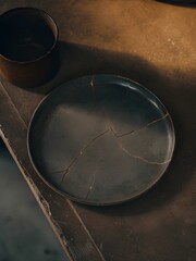 Dark ceramic plate repaired with golden kintsugi next to matte cup on textured gray surface, evoking beauty in imperfection and quiet charm