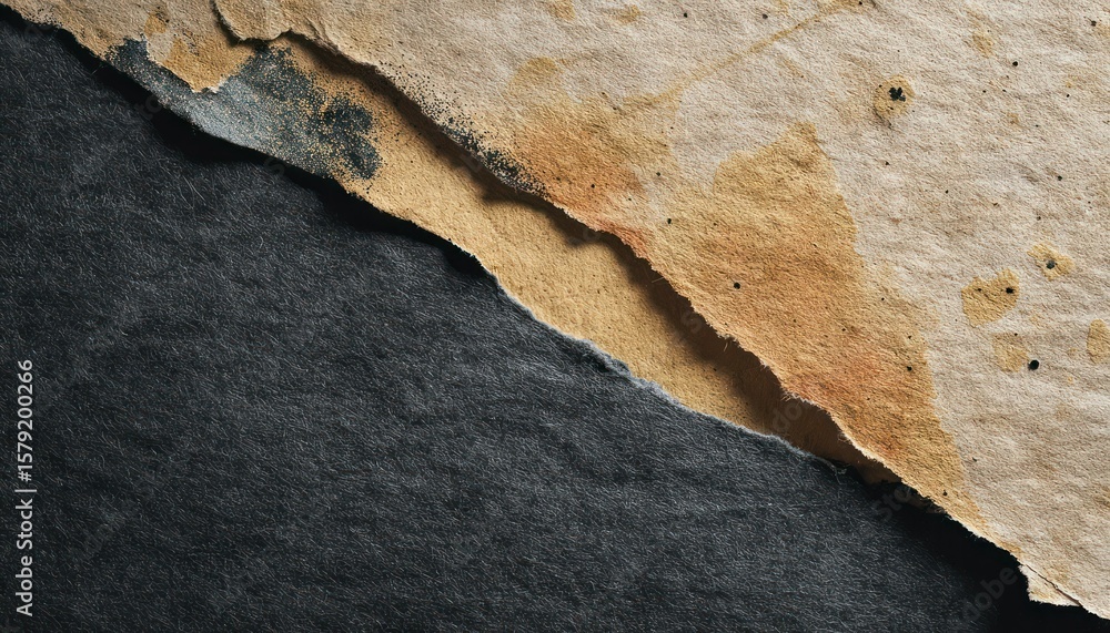Poster textured abstract composition showing torn paper and a dark surface creating a contrast