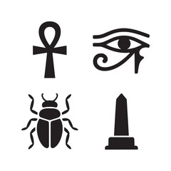 A collection of egyptian symbols including ankh eye of horus scarab beetle and obelisk in black
