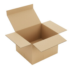 Open brown cardboard box for shipping and storage isolated on transparent background
