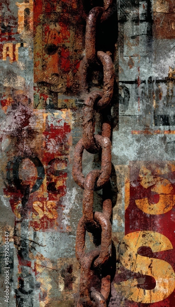Poster artistic depiction of a weathered chain against a backdrop of layered textural elements