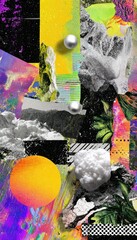 A vibrant abstract composition showcasing a fusion of textures, colors, and diverse photographic