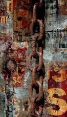 Artistic depiction of a weathered chain against a backdrop of layered textural elements