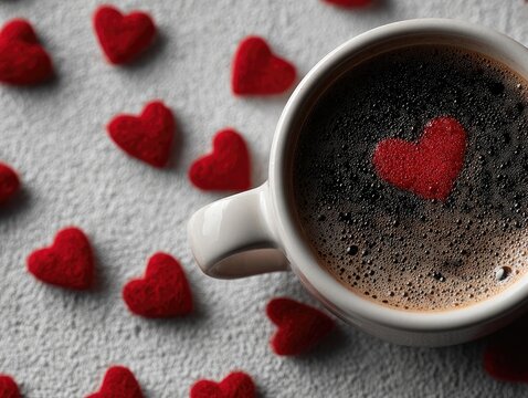 Red hearts and coffee mug on white background, flat lay top view with text space, minimalist style.