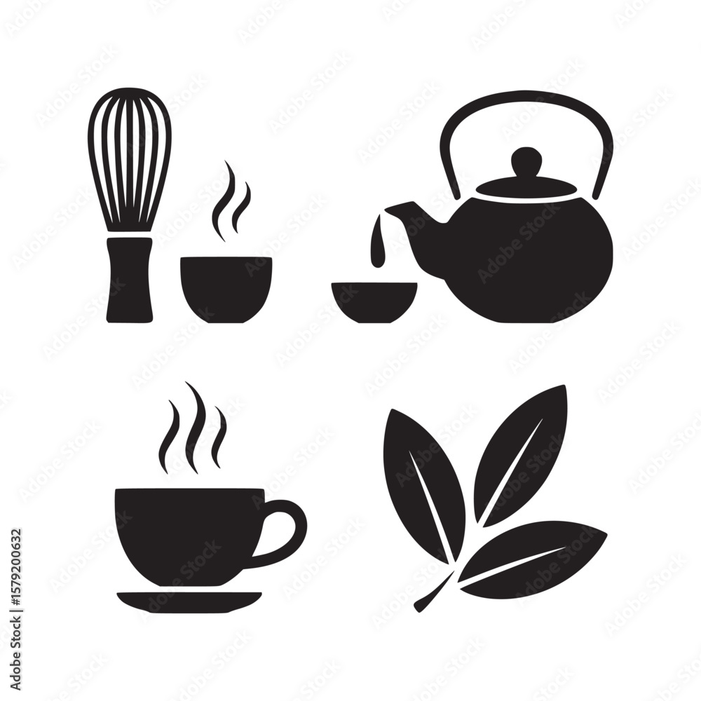Poster black and white tea set with teapot cups leaves and whisk in simple vector graphics design style art