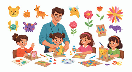 Children and a teacher engaged in a collaborative art project, surrounded by various animal and flower illustrations.