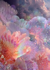 Abstract ethereal floral artwork with a pastel palette and glimmering details in a dreamlike