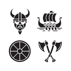 A collection of viking themed icons including a helmet ship shield and crossed axes in black and white