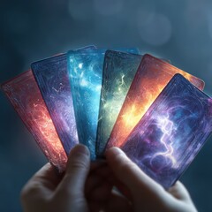 Mystical hand holding illuminated cards revealing vibrant cosmic energy and ethereal dimensions